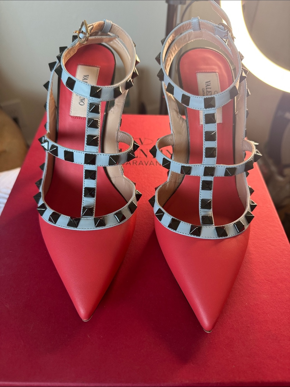Valentino Garavani Red and Black Rockstud Pointed-Toe Heels